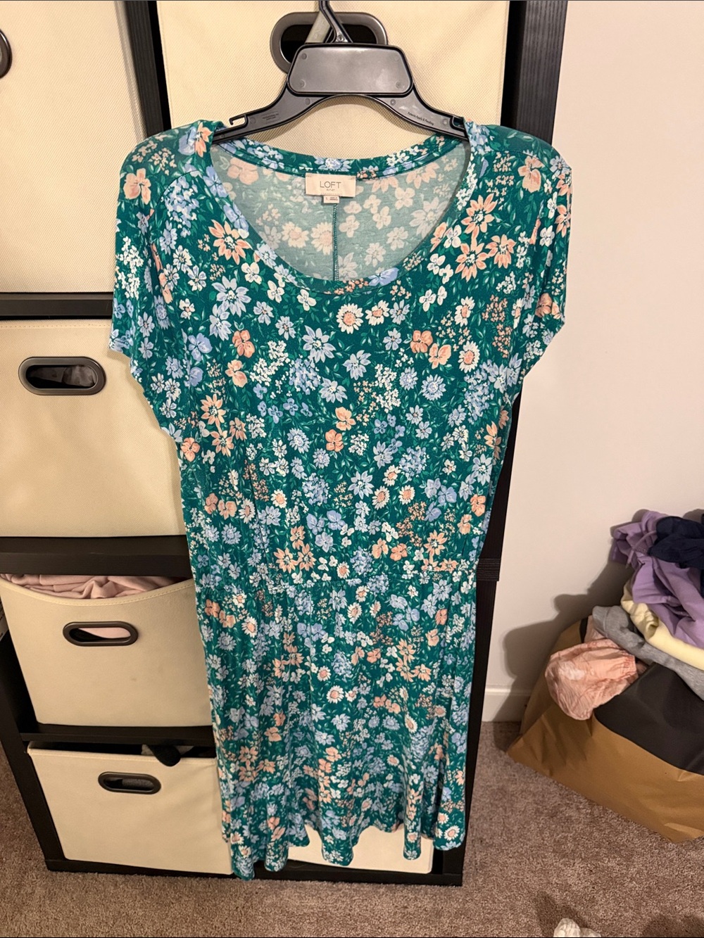 LOFT Green Floral Short Sleeve Dress with Peach and Light Blue Blooms